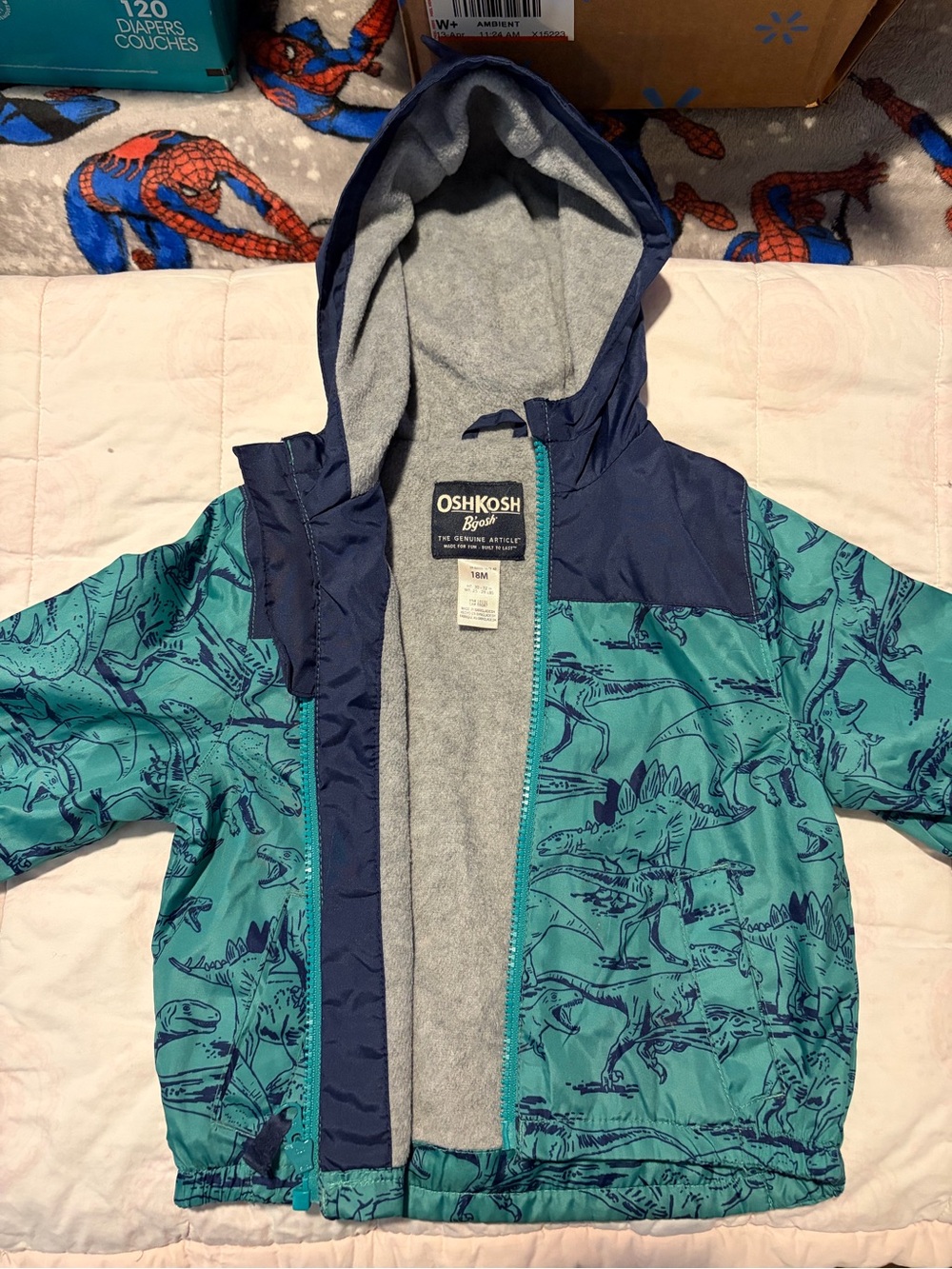 OshKosh B'gosh Teal & Navy Dinosaur Hooded Coat